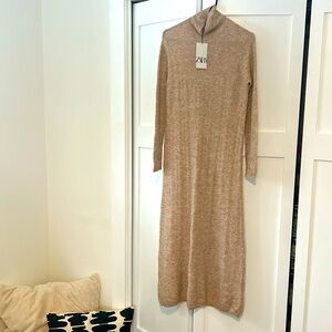 Zara size Large, long sleeved sweater dress, tan heather.